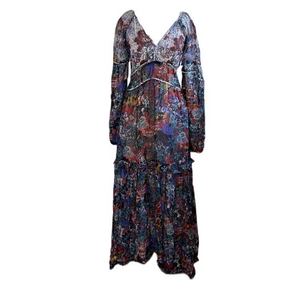 Anthropologie Maeve Annabella Tiered Boho Maxi Dress Puff Sleeve V-Neck Size 10 - Picture 4 of 16